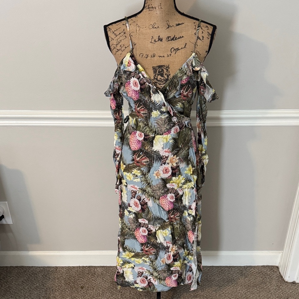 H&M Floral Ruffle Midi Dress - Pink and Green